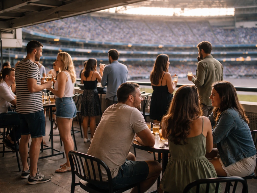Casual patio at a stadium rooftop level with guests in relaxed summer clothes, warm evening light.