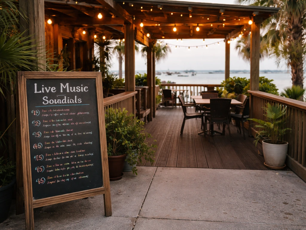 Waterfront patio bar entrance with a posted live music schedule board near the doorway.