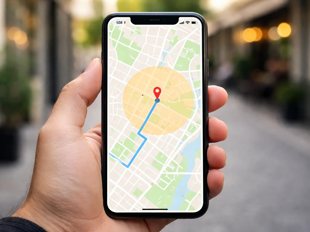 Close-up of a smartphone showing a map route and venue search area on a street map