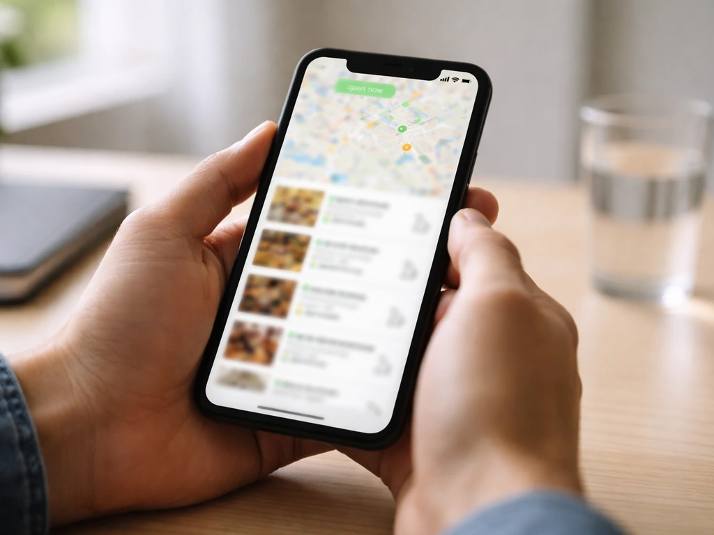 Close-up of hands using a phone map with an “open now” filter and updated results list.