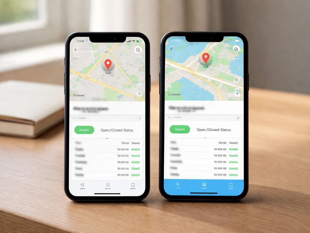 Close-up of a phone showing two map apps side-by-side with a selected location status and hours for today.