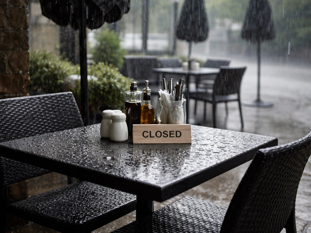 Empty rainy patio table with a closed temporarily sign, umbrellas wet, no people.